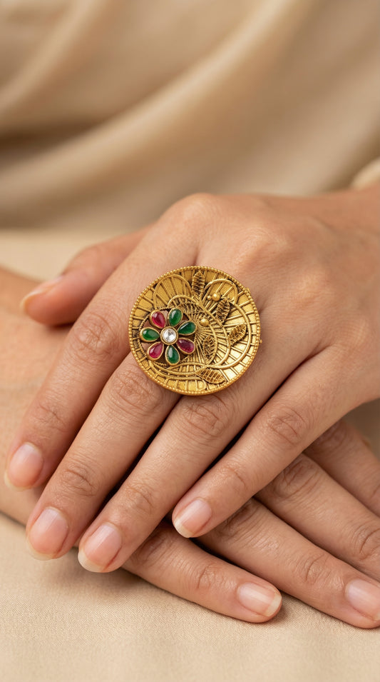Vrinda Floral Filigree Navratna Statement Ring