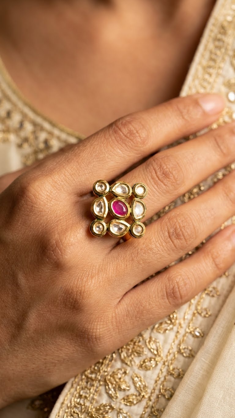 kundan navratna floral statement ring